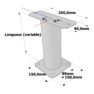 Poteau structurel OSP - D89mm - Platine haute rectangulaire 90x250mm - Embase 150x150mm