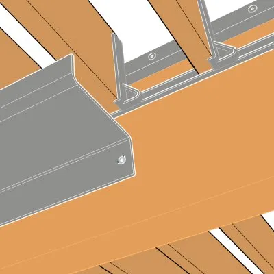 Représentation en 3D : chéneau Blanc 9006 sous les lames et mécanisme SUNDIY en aluminium