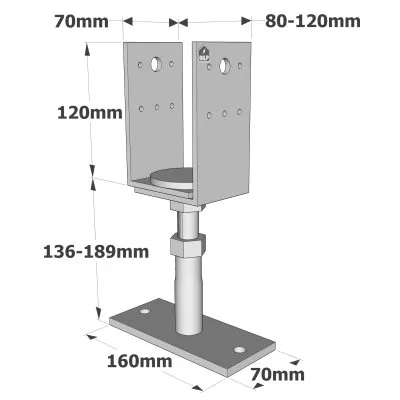 Pied de poteau réglable (hauteur et largeur) à fixer avec des ancrages - Réf. PVDB80G